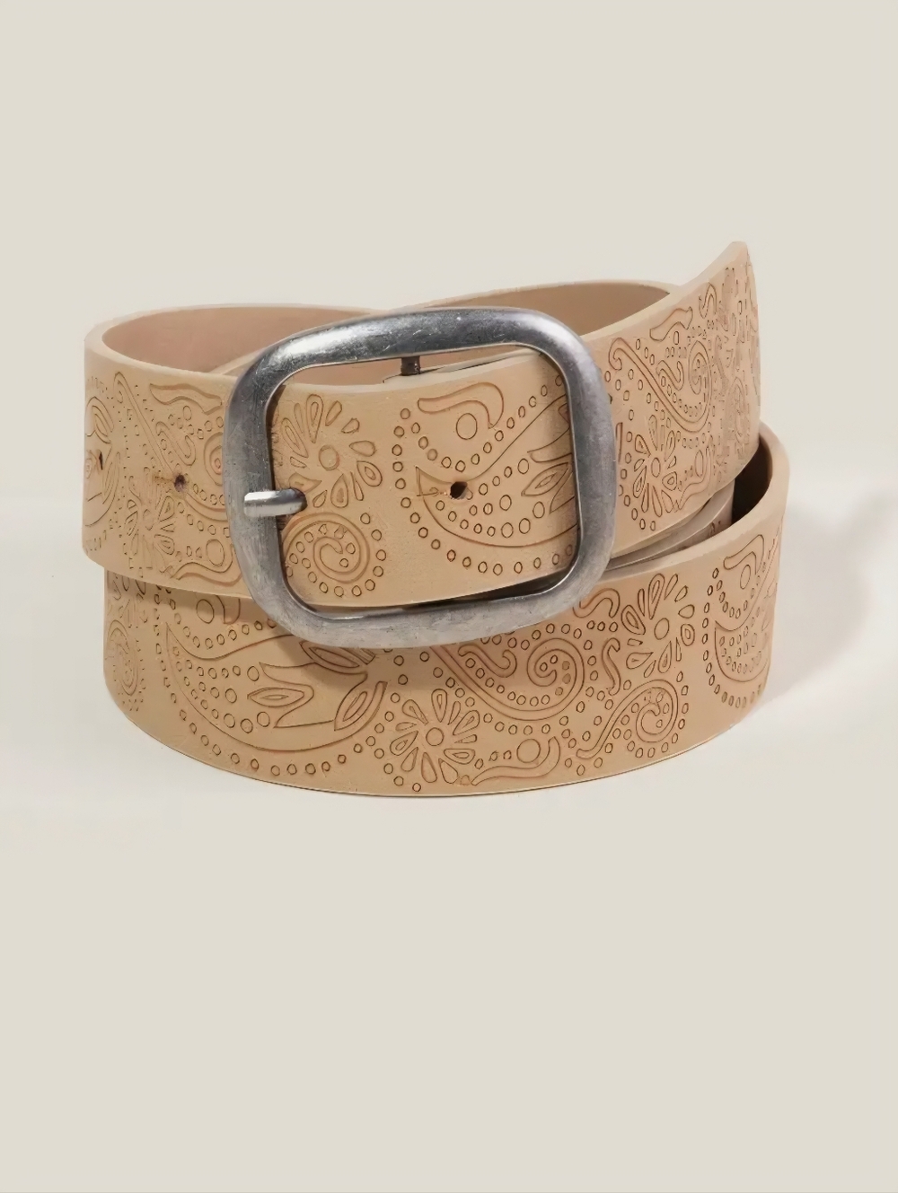 Tan Faux Leather Embossed Paisley Belt - Classic Casual Style